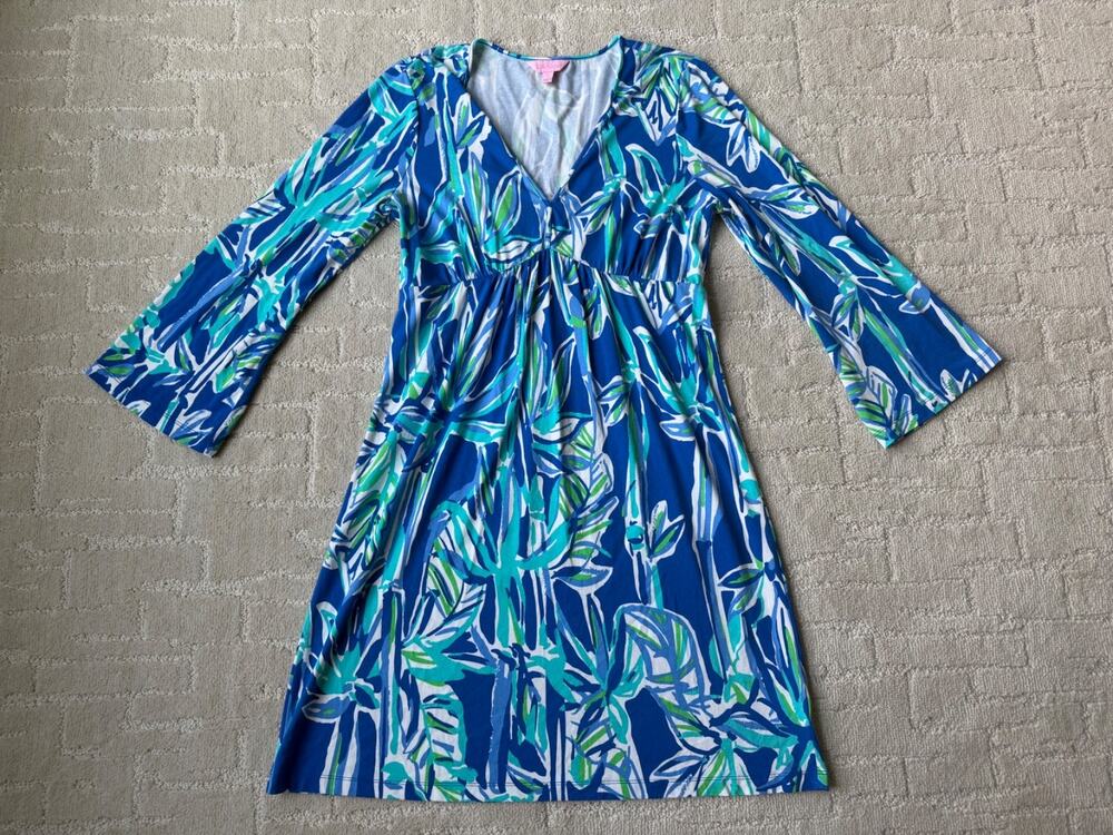 Lilly Pulitzer Renata Tunic Dress Tropical Palm Print Long Sleeve V Neck